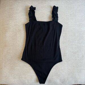 Aritzia Sunday Best Black Ruffled Strap Bodysuit